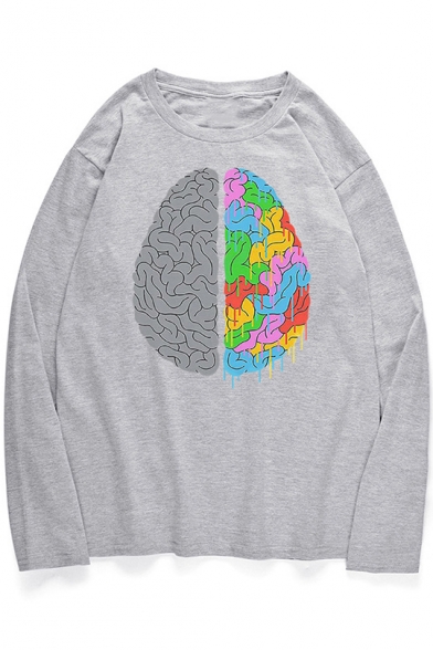 Creative Brain Pattern Crewneck Long Sleeve Fashion Loose Fit T-Shirt for Guys