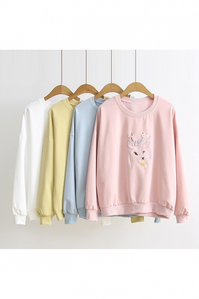 Deer Floral Embroidered Long Sleeve Round Neck Leisure Pullover Sweatshirt