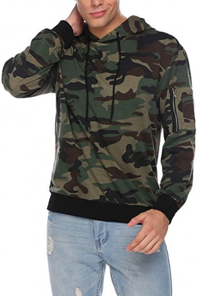 Fashion Zip-Embellished Long Sleeve Trendy Camouflage Printed Regular Fit Hoodie