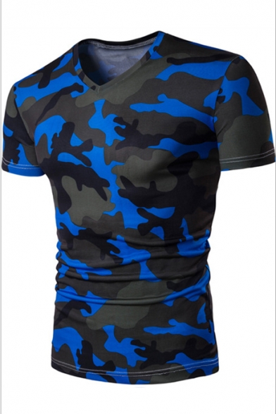 Hot Popular Camouflage Printed V-Neck Short Sleeve Slim Fit T-Shirt