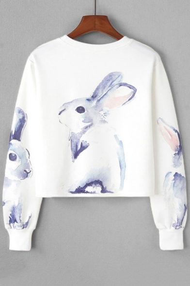 Round Neck Long Sleeve Cute Bunny Printed White Cropped Sweatshirt