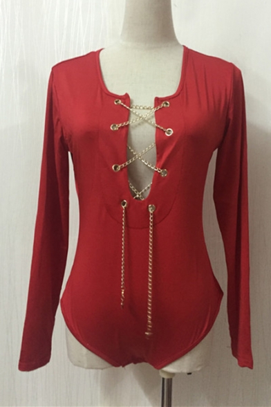 Hot Sexy Long Sleeve V Neck Plain Chain Lace Up Front Bodysuit