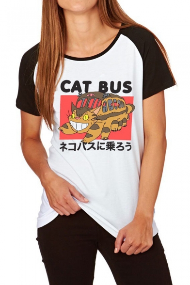 Lovely Cartoon Cat Bus Graphic Print Colorblock Raglan Sleeve White T-Shirt