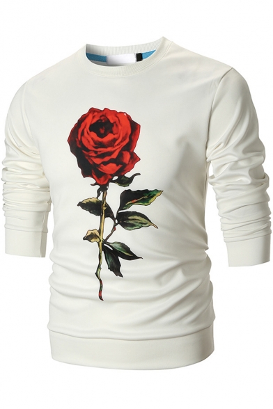 Men's Chic 3D Rose Floral Printed Crew Neck Pullover Fitted Sweatshirt
