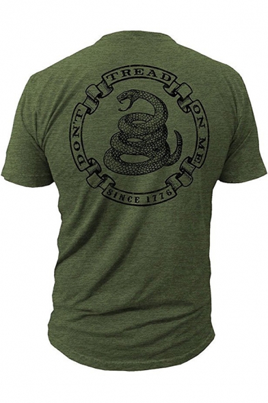 Men's Green Fashion Letter Snake Printed Short Sleeve Fitted T-Shirt