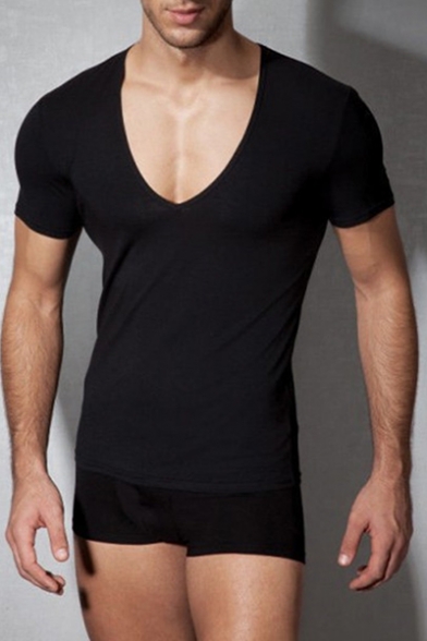 Men's Sexy V-Neck Short Sleeve Solid Bodyshaper Fitness Cotton T- Shirt - Beautifulhalo.com
