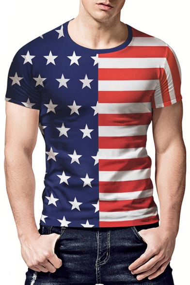 Men's Stylish Striped Star Flag Printed Red and Blue Casual T-Shirt