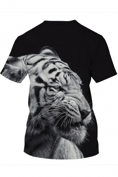 New Stylish Crewneck Short Sleeve 3D Tiger Print Black T-Shirt