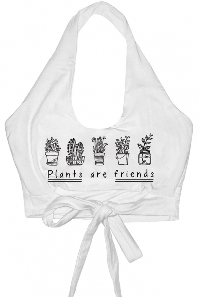 New Stylish White Halter Neck Letter PLANTS ARE FRIENDS Printed Cut-Out Tied Front Crop Tank Top
