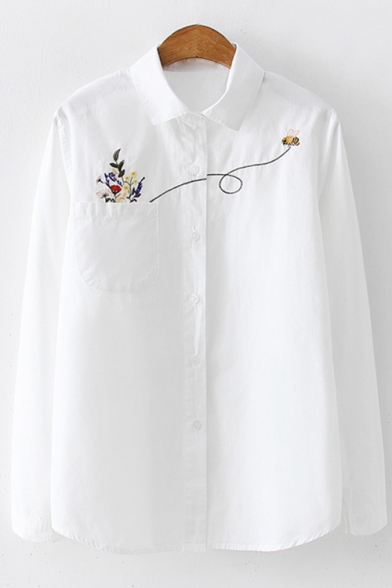 Embroidered Flower White Long Sleeve Button Up