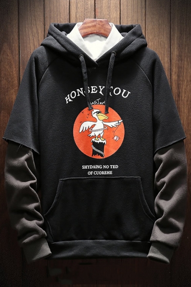 Popular Letter HONSEY YOU Cartoon Duck Printed Layered Patched Long Sleeve Casual Loose Hoodie for Teenagers