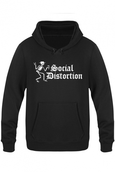 Punk Style Letter SOCIAL DISTORTION Skull Printed Long Sleeve Chunky Hoodie for Men