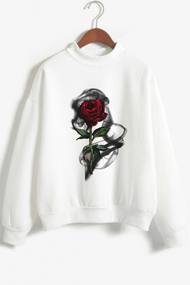 Romantic Long Sleeve Mock Neck Rose Flower Printed White Sports Casual Sweatshirt