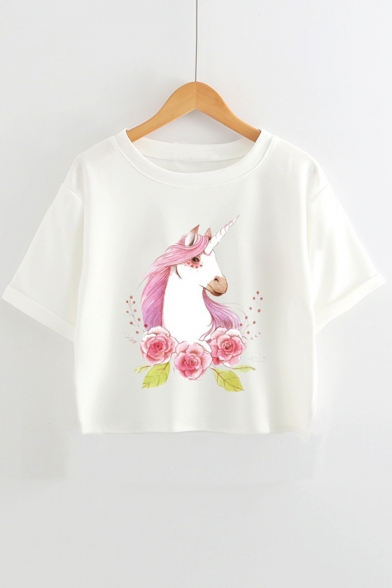 Round Neck Short Sleeve Fashion Floral Unicorn Printed Loose Fit Cropped White T-Shirt