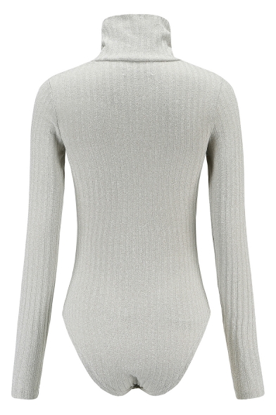 Simple Plain High Neck Long Sleeve Stretch Knit Slim Fit Bodysuit for Women