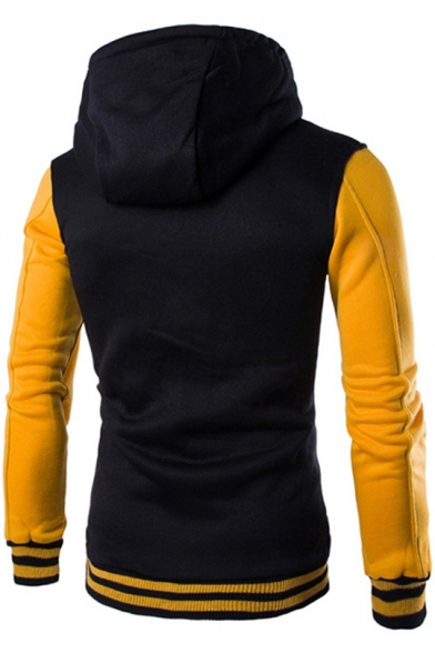 Teenage Fashion Colorblock Rib Trim Long Sleeve Button Down Varsity Jacket Cotton Hoodie