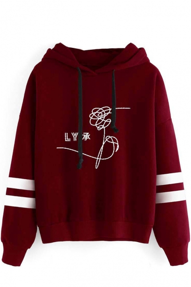 Trendy Letter LY Floral Heart Print Striped Long Sleeve Hoodie