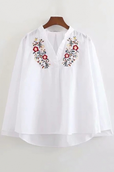 White Chic Floral Embroidered V-Neck Long Sleeve Casual Loose Blouse