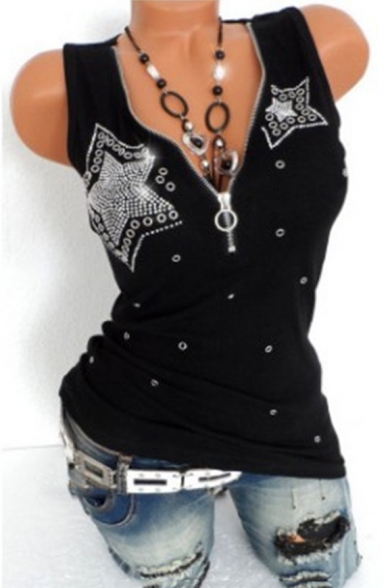 Women's Fashion Diamond-Embellished Chic Zip Closure V-Neck Sleeveless Fitted Tank Top