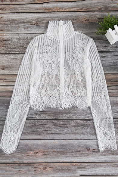 Women's Sexy Sheer Lace Crochet Long Sleeve High Neck Cropped T-Shirt