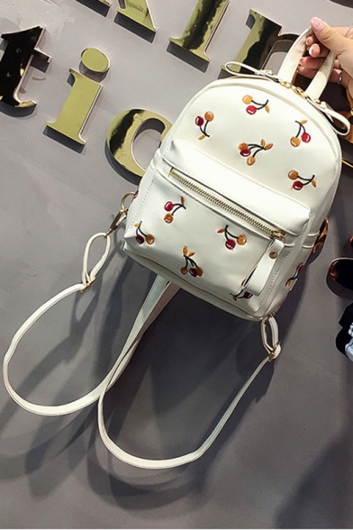 19*12*23cm Chic Cherry Printed Fashion Soft PU Casual Backpack for Girls