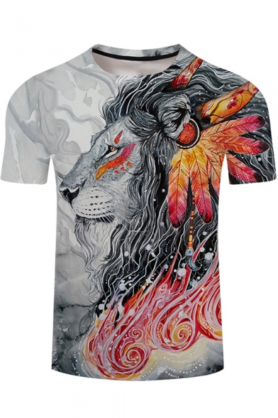3D Colorful Lion Printed Men's Sport Fitted Black Short Sleeve T-Shirt
