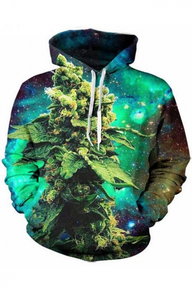 3D Green Galaxy Plant Printed Long Sleeve Loose Fit Pullover Hoodie
