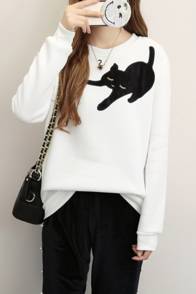 

Basic Round Neck Long Sleeve Cartoon Cat Printed White Pullover Sweatshirt