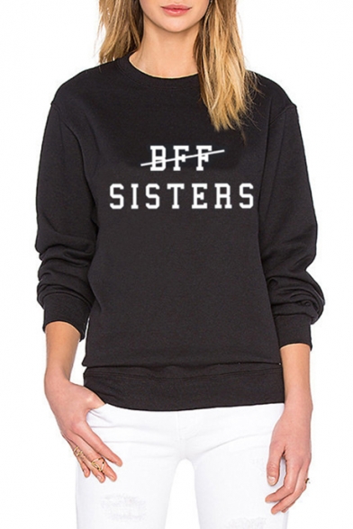 Black Long Sleeve Round Neck Regular Fitted Letter BFF SISTERS Printed Leisure Pullover Sweatshirt