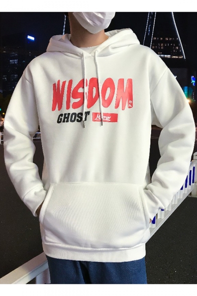 Boys Fashion Monster Back Letter WISDOM GHOST Printed Long Sleeve Oversized Warm Hoodie