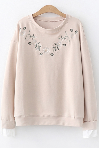 Chic Floral Embroidered Round Neck Long Sleeve Loose Fit Pullover Sweatshirt