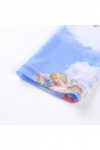Cute Cartoon Angel Printed Long Sleeve Mock Neck Sheer Cropped Light Blue Tee