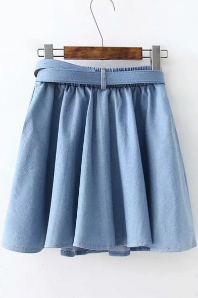 Elastic Waist Belted Waist Fashion Button Front Plain Mini A-Line Denim Skirt