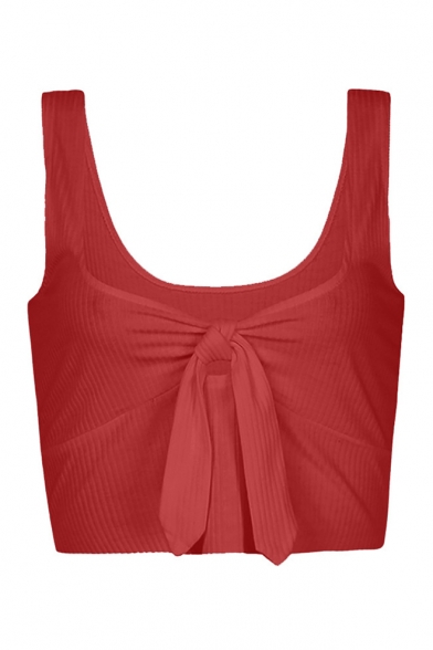 Fashion Bow-Tied Embellished Sexy Scoop Neck Sleeveless Cropped Plain Tank Top
