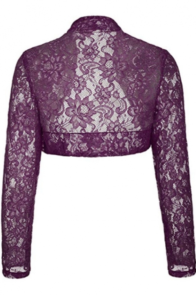 Fashion Lace-Panelled Plain Long Sleeve Open Front Cropped Shrug Coat