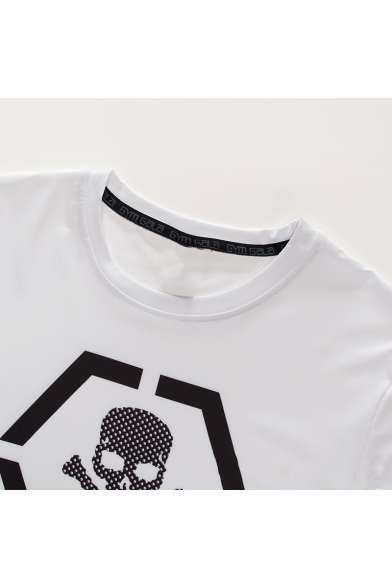 Fashionable Skull Print Round Neck Long Sleeve Quick Drying White Training Athletic T-Shirt for Men