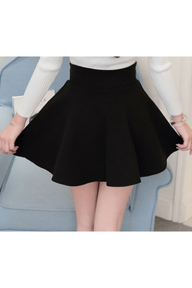 Girls Black High-Rise Simple Plain Mini A-Line Pleated Skirt