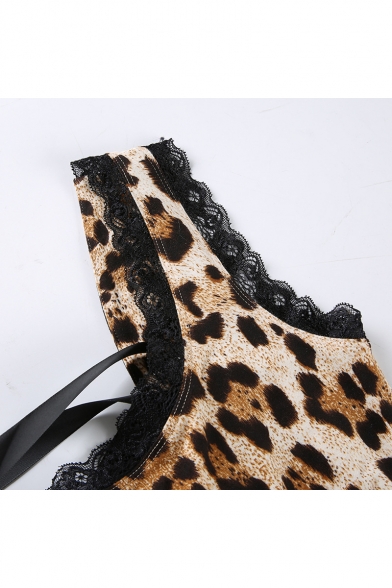 Hot Popular Sleeveless Scoop Neck Leopard Pattern Lace Trim Lace Up Back Brown Bodysuit