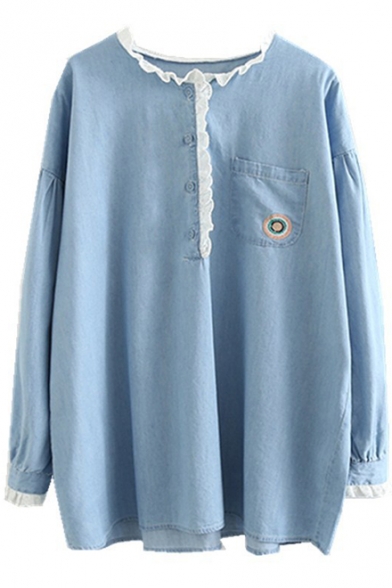 Light Blue Round Neck Lace Patch Long Sleeve Button Embellished Denim Shirt with Chest Pocket