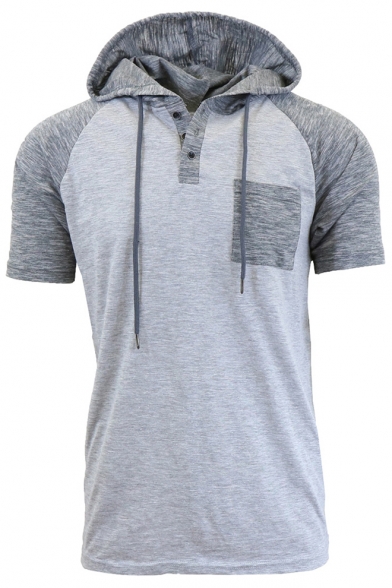 Men's Casual Leisure Short Sleeve Colorblock Button-Embellished Front Pocket Chest Hoodie