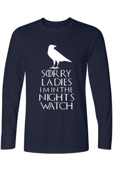 Men's Fashion Letter Bird Print Crewneck Long Sleeve Cotton Loose Graphic T-Shirt