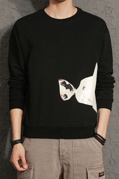 Men's Lovely Cartoon Cat Kiss Butterfly Printed Crew Neck Fitted Pullover Sweatshirt