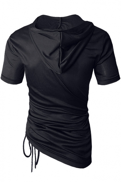 Men's Unique Drawstring Ruched Side Short Sleeve Basic Solid Slim Fitted Hoodie