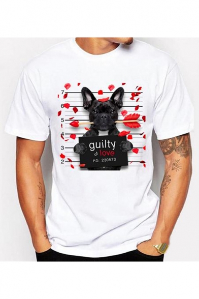 Men's White Funny Letter GUILTY OF LOVE Dog Print Round Neck Casual T-Shirt