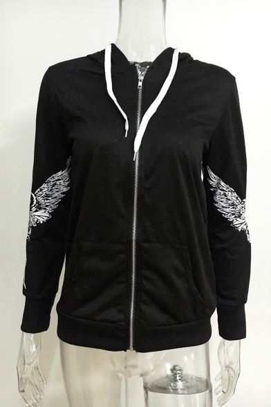 New Trendy Black Skull Wing Print Back Long Sleeve Zip Up Long Fitted Lace-Up Hoodie for Women