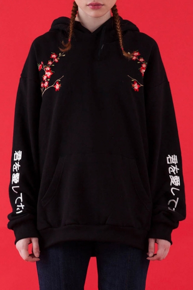Novelty Long Sleeve Floral Letter Embroidered Black Boxy Casual Hoodie