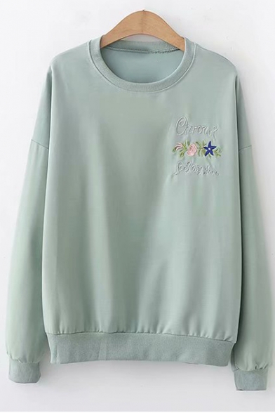 Retro Pea Green Basic Long Sleeve Crewneck Floral Letter Embroidered Chest Pullover Sweatshirt