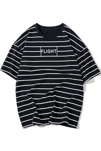Simple Letter FLIGHT Fashion Striped Printed Summer Loose Fit Relaxed T-Shirt