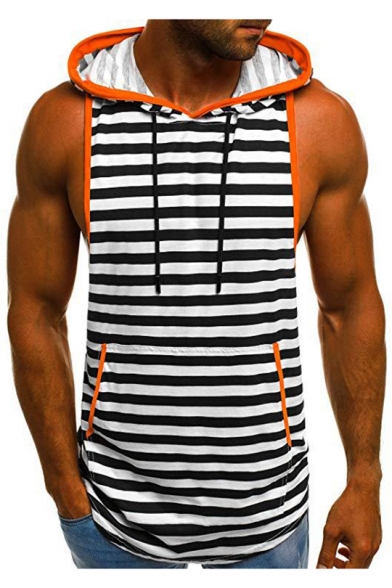 Summer Fashion Striped Printed Sleeveless Drawstring Hooded Breathable Sport Tank Top