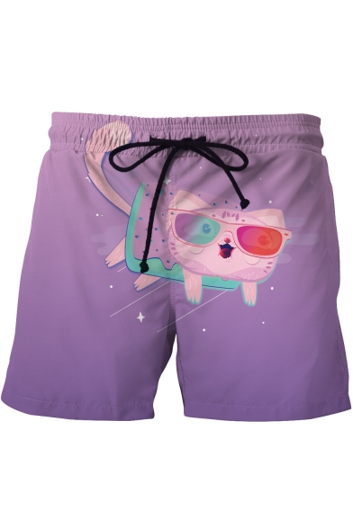 Summer Purple Cute Cartoon Cat Print Drawstring Waist Men's Beach Swim Trunks